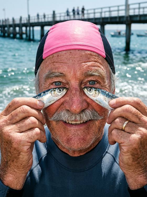Comedic Seaside Fish-Eye Portrait AI portrait template preview