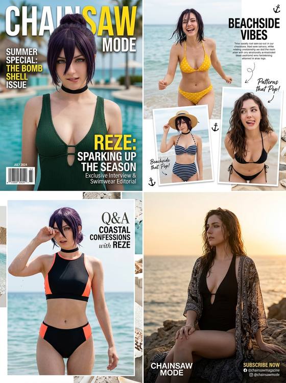 Reze Swimsuit Cosplay Magazine AI portrait template preview